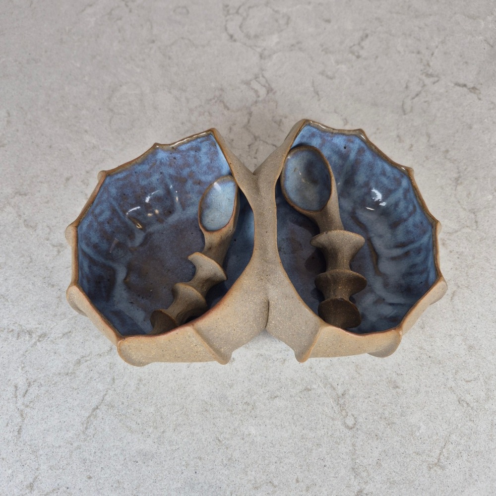 Barbara Walch Pinch Pottery Divided Stoneware Condiment Bowl Spoons Brown Blue